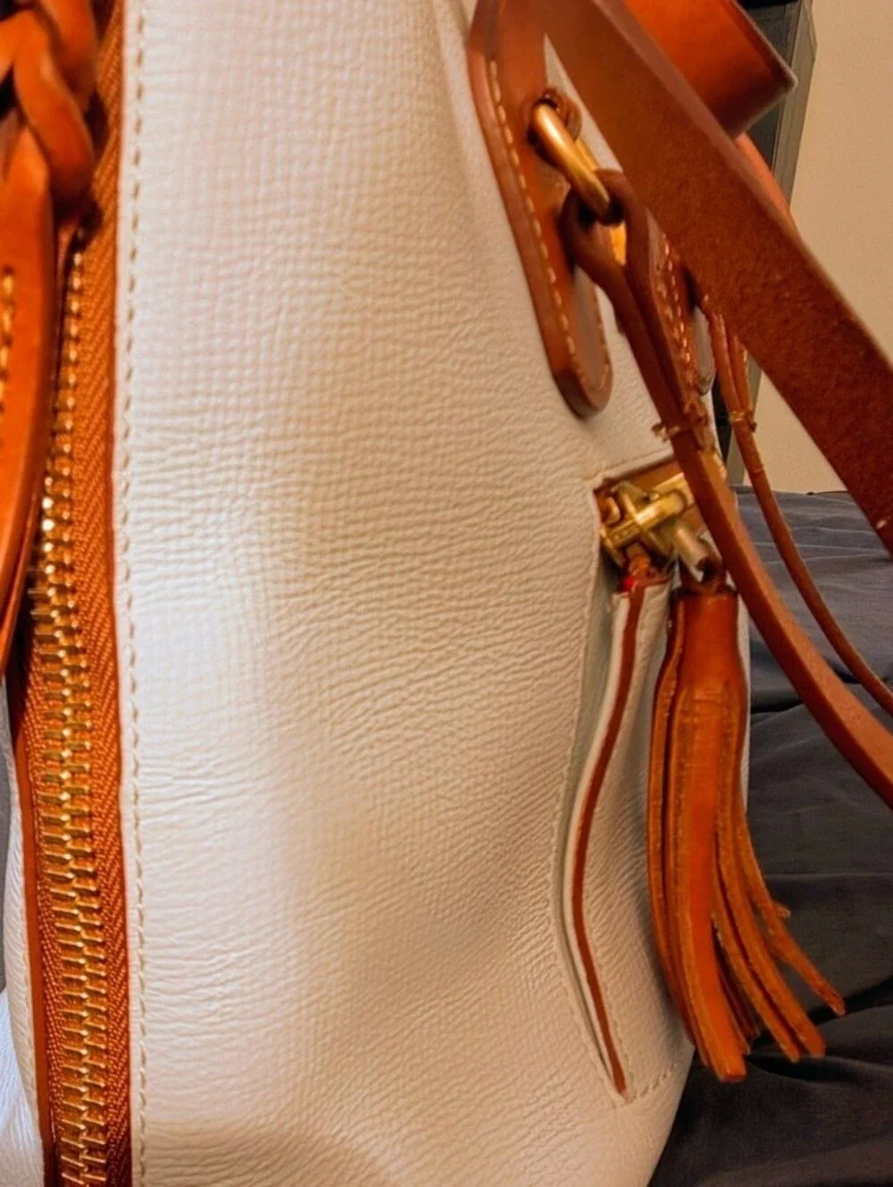 Dooney & Bourke White And British Tan Leather Satchel